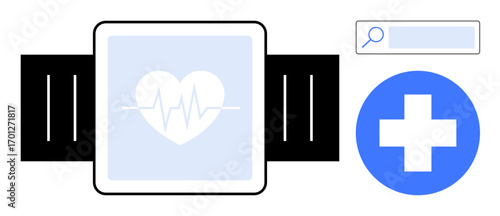 Smartwatch with heartbeat graph, medical cross symbol, and search bar. Ideal for health tracking, medical tech, fitness, telemedicine, diagnostics, wearable devices simple landing page