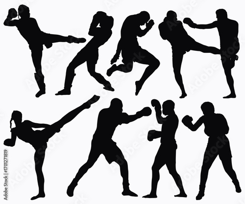 Punching Boxer silhouette. Fitness Woman Boxing Wearing Boxing gloves. Sports and games. Athlete training. Flying kick, self defense pose pose. Mans fighting shadow in black and white background.