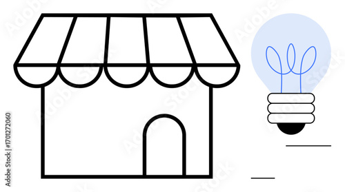 Small storefront outlined with an awning alongside a lightbulb with sprouting plant motif. Ideal for business creativity, innovation, entrepreneurship, sustainability, startups, ideas, retail growth