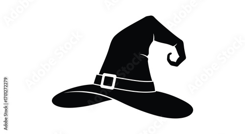 a classic witch hat with wide brim and buckle detail