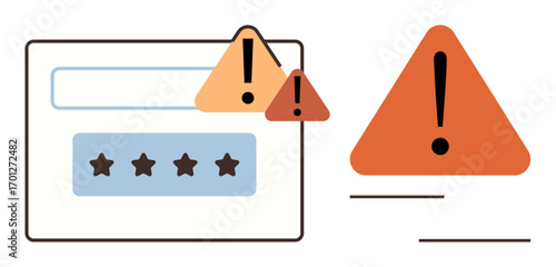 Login screen with password field and multiple alerts signaling error or security risk. Ideal for digital safety, security breach, user authentication, data protection, vigilance, warning and error