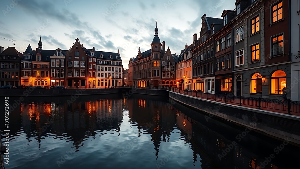 Obraz premium Historic European canal at dusk with golden reflections on the water.