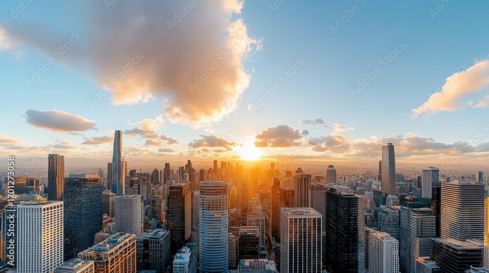 Obraz premium Stunning city skyline at sunset with vibrant clouds and golden light illuminating buildings