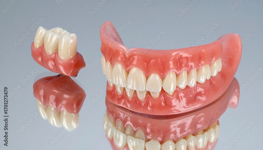 © Silvy - Close-up view of dental prosthetics, showing a partial denture and a detached section, meticulously crafted and displayed on a reflective surface.