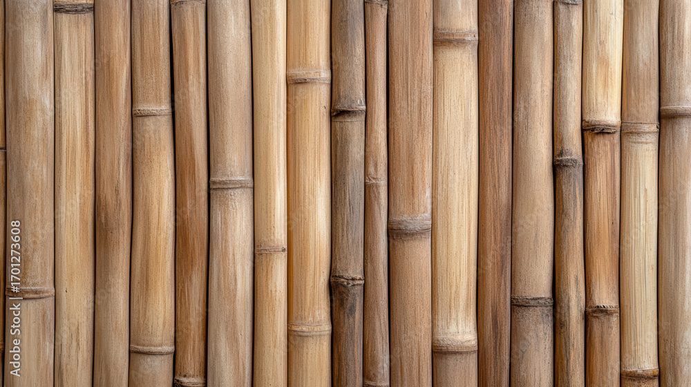 Fototapeta premium Close up of bamboo texture on wall, showcasing natural patterns and warm tones
