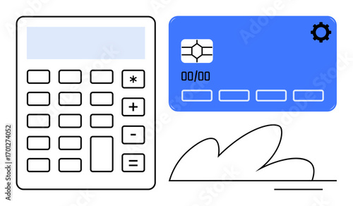 Calculator alongside a credit card with a gear element, denoting finance, math, technology, and budgeting. Ideal for banking, accounting, e-commerce, fintech economics payment simple flat metaphor