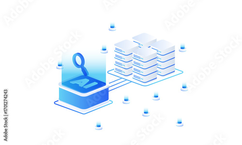 Artificial intelligence search engine optimization isometric vector illustration. ai search connected to chip ai processor. concept of ai search and machine learning.