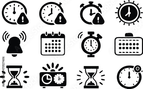 Time management and alert icons in black and white 
