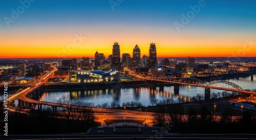 Glowing skyline, Kansas city illuminated at dusk, capturing city charm