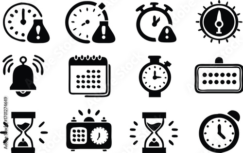 Time management and alert icons in black and white 
