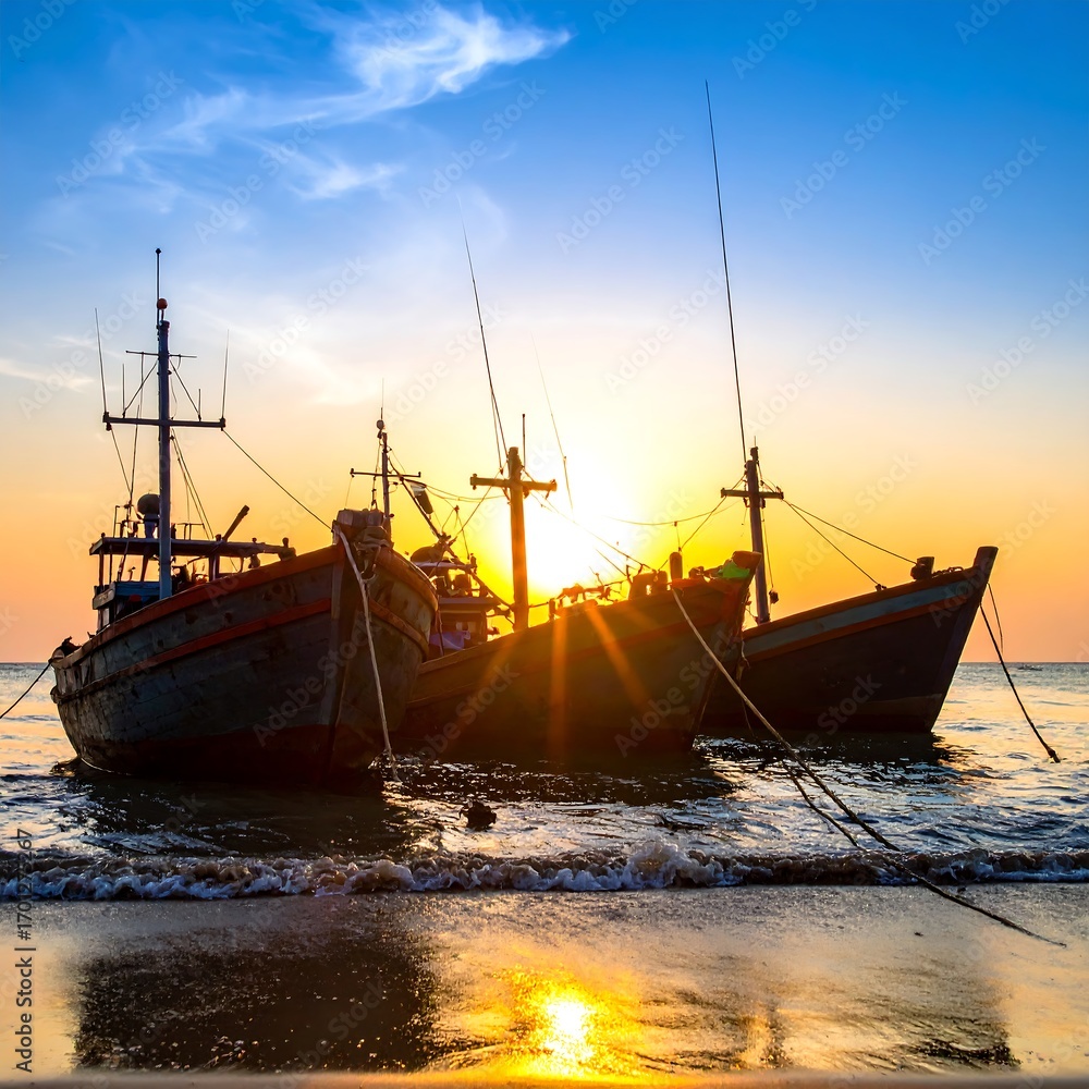 Fototapeta premium Fishing boats at sunset