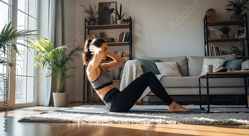 Woman doing sit-ups on a yoga mat in a living room.