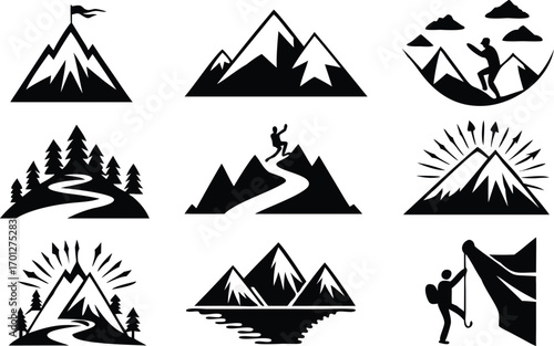 Mountain climbing and landscape icons in black and white 
