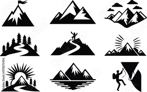 Mountain climbing and landscape icons in black and white 
