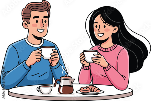 Cartoon couple enjoying coffee together, hot drink, steaming coffee pot, cozy breakfast, pastries on table, happy conversation, relaxing moment, smiling faces