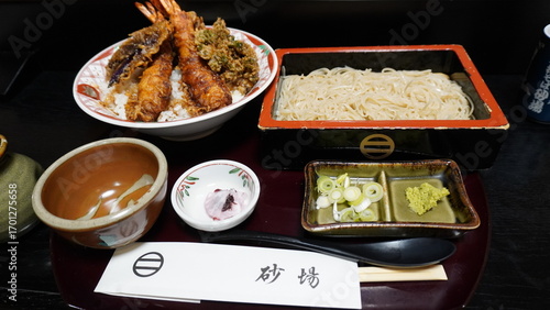 Delicious Japanese Ten-don (Tempura Rice Bowl) and Zaru Soba Set Meal