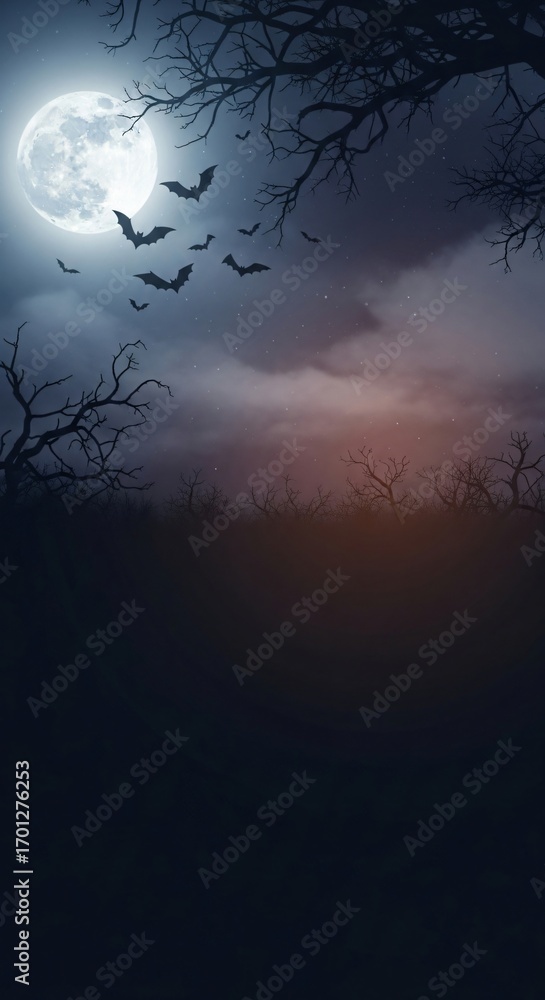 Fototapeta premium Spooky Halloween Night Scene Full Moon Bats and Silhouette Trees