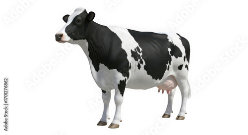 Realistic 3d render of a holstein cow standing profile facing left showing black and white patches transparent background