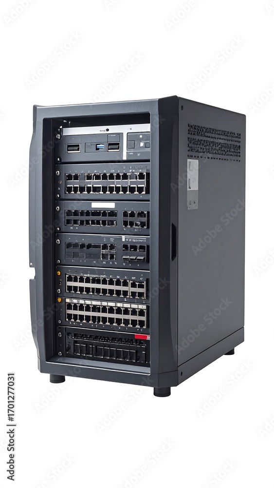 Fototapeta premium A dark gray network switch cabinet, meticulously arranged, showcasing rows of network equipment.