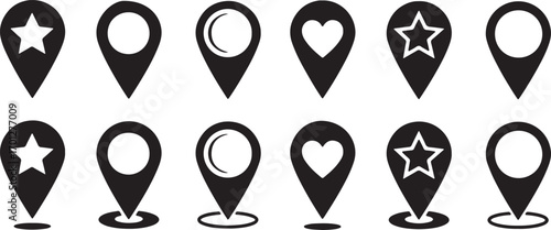 location, pin, map, marker, pointer, icon, symbol, navigation, destination, place, graphic, design, element, illustration, isolated, white background, set, collection, black, star, heart, circle, mode