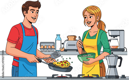 Cartoon couple cooking breakfast, kitchen scene, happy man and woman, preparing food together, cooking eggs, making meal, enjoying morning routine
