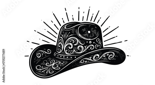 a cowboy hat with intricate designs and radiant lines around it