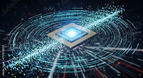 Futuristic Microchip with Binary Data Streams and Glowing Core.