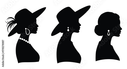three elegant women silhouettes wearing hats and jewelry