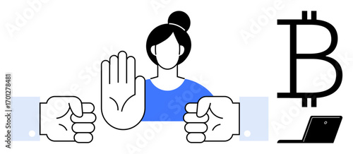 Woman gesturing stop with raised hand between two fists, alongside Bitcoin icon. Ideal for conflict resolution, finance, digital currency, blockchain security, empowerment, awareness campaign, simple