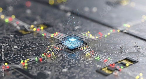 Glowing Microchip on Futuristic Circuit Board with Dynamic Data Flow and Vibrant Connections.