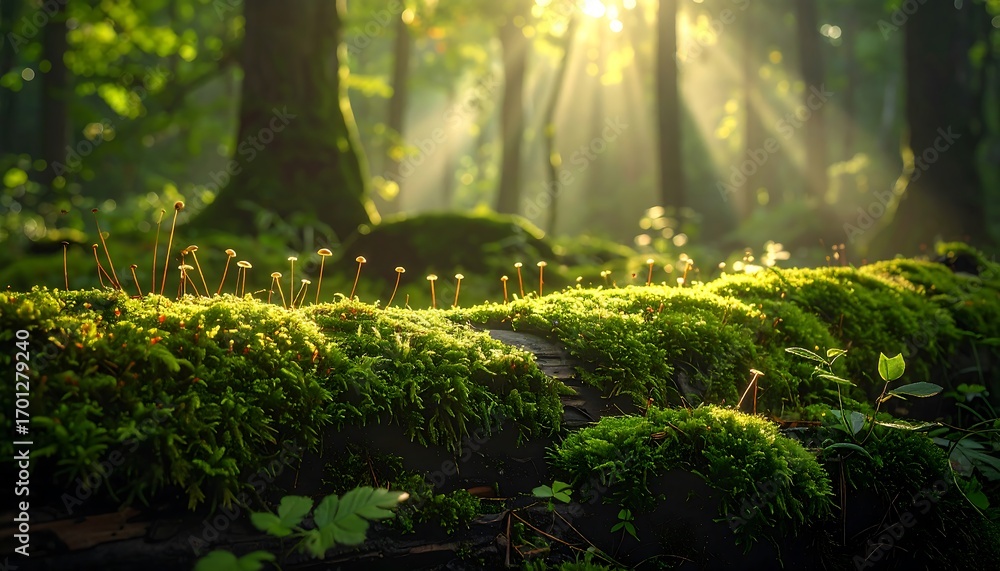 Fototapeta premium Sunlight streams through a lush forest, illuminating vibrant moss and tiny fungi growing on a fallen log.