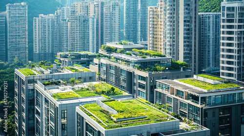 A modern city with eco-friendly architecture, green rooftops, and a clean, sustainable environment.