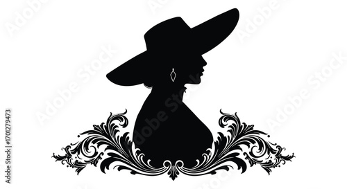 elegant silhouette of woman wearing hat adorned with floral patterns