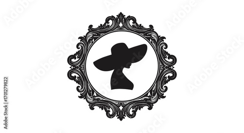 elegant silhouette of lady wearing hat framed in ornate mirror