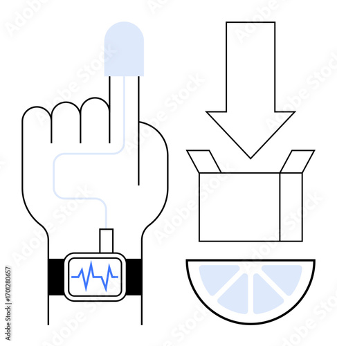 Hand wearing health monitoring smart watch with finger sensor, arrow pointing to open box, and lemon slice. Ideal for health, wellness, nutrition, technology, packaging fitness delivery. Minimal