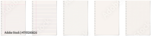 Set of realistic torn sheet of paper from a workbook with shadow, isolated on transparent background vector stock illustrations