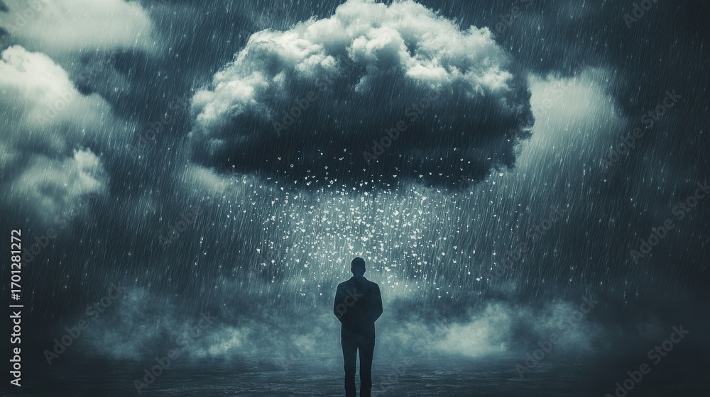 Fototapeta premium a figure, with raindrops turning into fragmented thoughts, symbolizing stress and depression, minimalist style, soft-focus gloomy background on blurred background