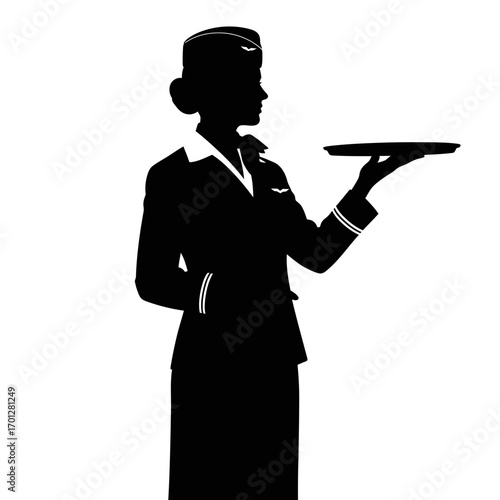 Female flight attendant holding tray silhouette isolated on white background