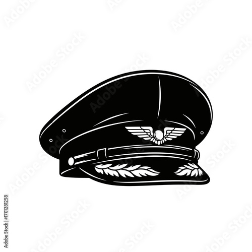 Black pilot cap with wings emblem silhouette isolated on white background