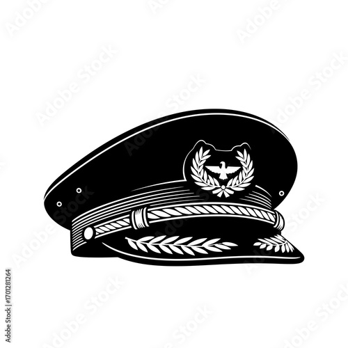 Military officer cap with eagle emblem silhouette isolated on white background