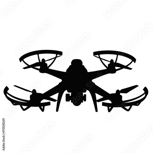 Black silhouette of a quadcopter drone isolated on white background