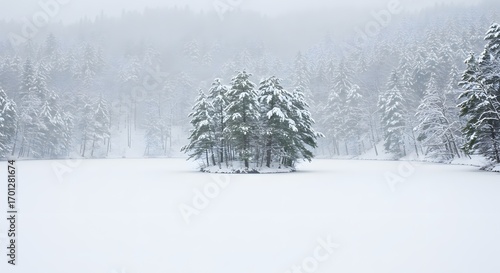 Snowy scene trees in a winter landscape with soft white background