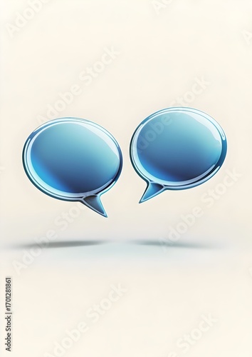 Two overlapping blue speech bubbles with smooth white borders, placed in a minimalistic design style, floating on a plain white background, highly detailed and realistic