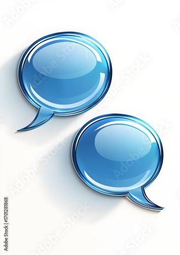 Two overlapping blue speech bubbles with smooth white borders, placed in a minimalistic design style, floating on a plain white background, highly detailed and realistic