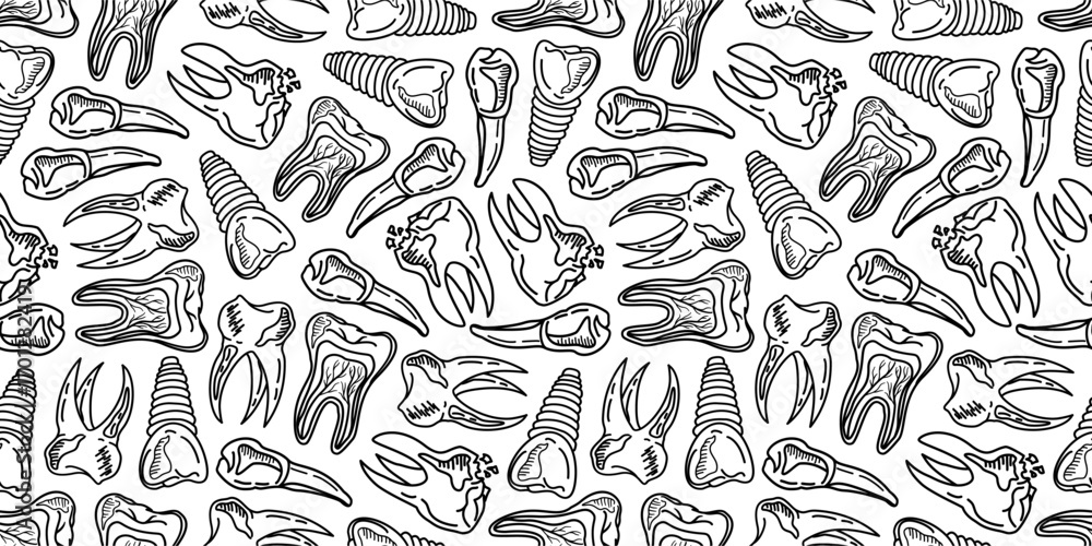 Obraz premium doodle Teeth Pattern background. doodle tooth pattern background. dental seamless pattern background.
