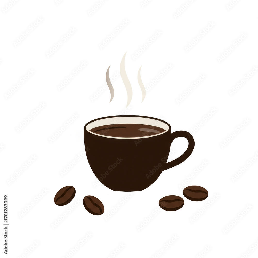 Obraz premium Elegant Flat Design Illustration of Steaming Coffee Cup with Roasted Beans