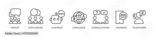 Interactive Communication Icons set vector illustration outline with Group, Discussion, Chatbot, Language, Consultation, Message, Telephone