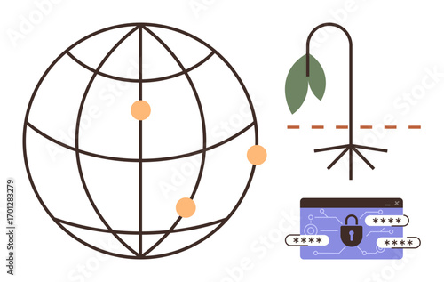 Globe with network points, drooping plant representing environmental depletion, secured webpage login. Ideal for global issues, sustainability, cybersecurity, nature conservation, digital security