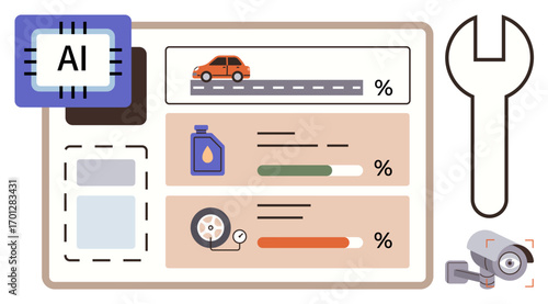 AI-powered interface tracking vehicle data thumbs up mileage, oil levels, tire condition. Includes repair wrench, security camera. Ideal for automotive analytics, diagnostics, AI integration, tech