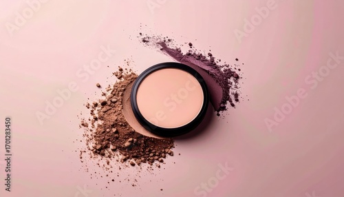 Compact Powder with Brown and Purple Eyeshadow Spills on Pink Background